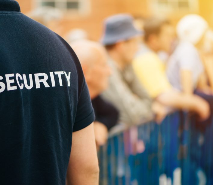 Member of security guard team working on public event, unrecognizable male person from behind